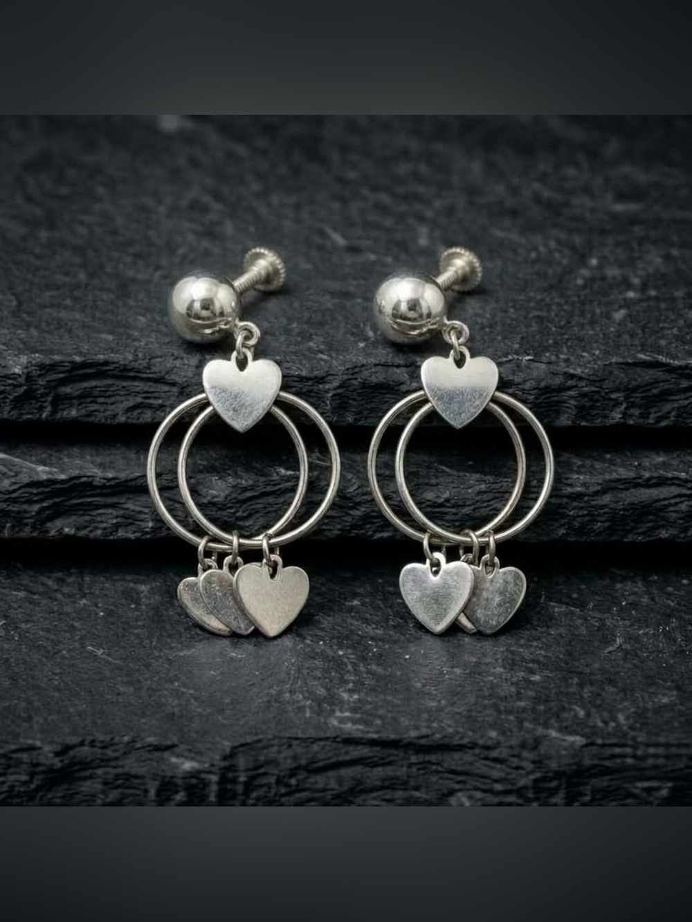 Vintage 60s Silver Tone Double Hoop Sweetheart Dangle Drop Screw Back Earrings